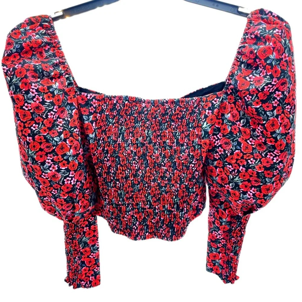 Zara Puff Sleeve Floral Crop Top Rose Print Sweetheart Ruched Blouse Size M - Picture 5 of 15